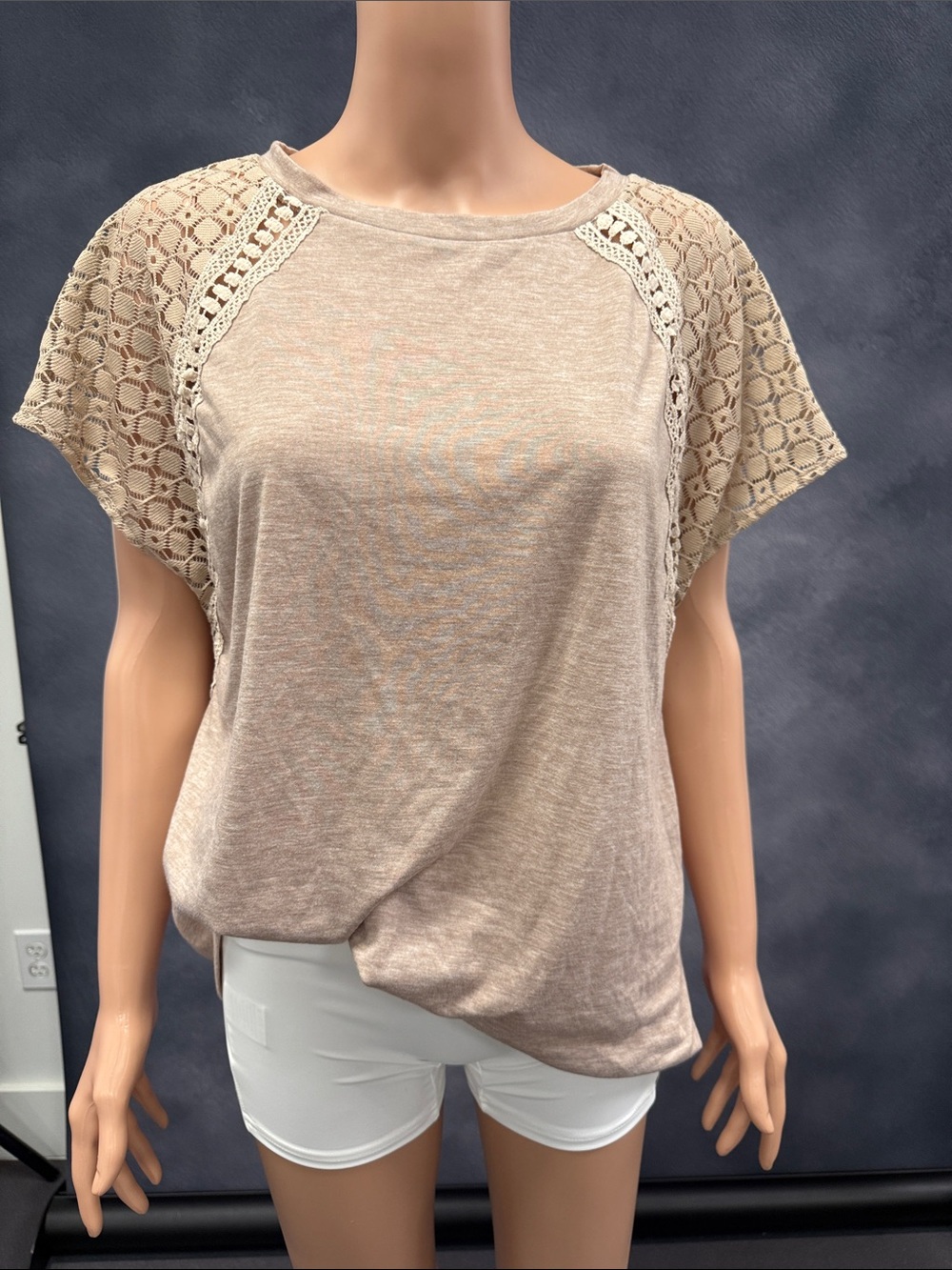 Crochet-Sleeve Short-Sleeve Knit Top in Taupe